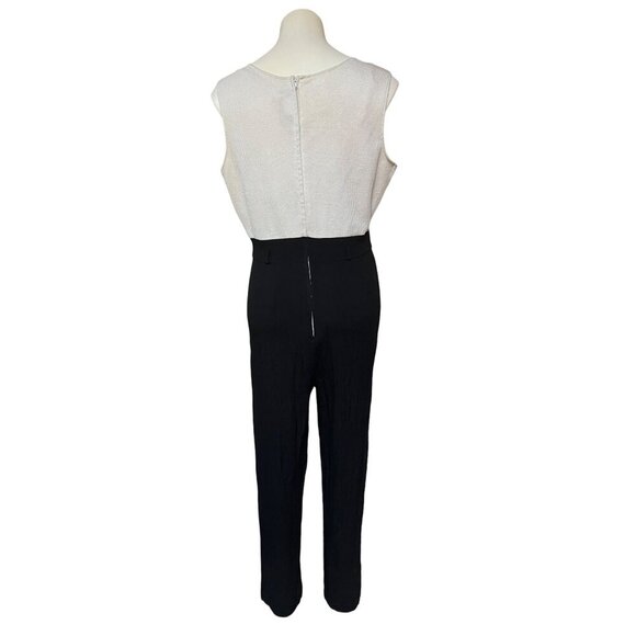 80s Jumpsuit White Waffle Knit Bodice, Crepe Rayon Pantsuit Minimalist Corpcore - Picture 4 of 9